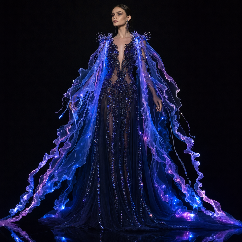 Abyssal Trench Gown — bioluminescent deep-sea evening gown