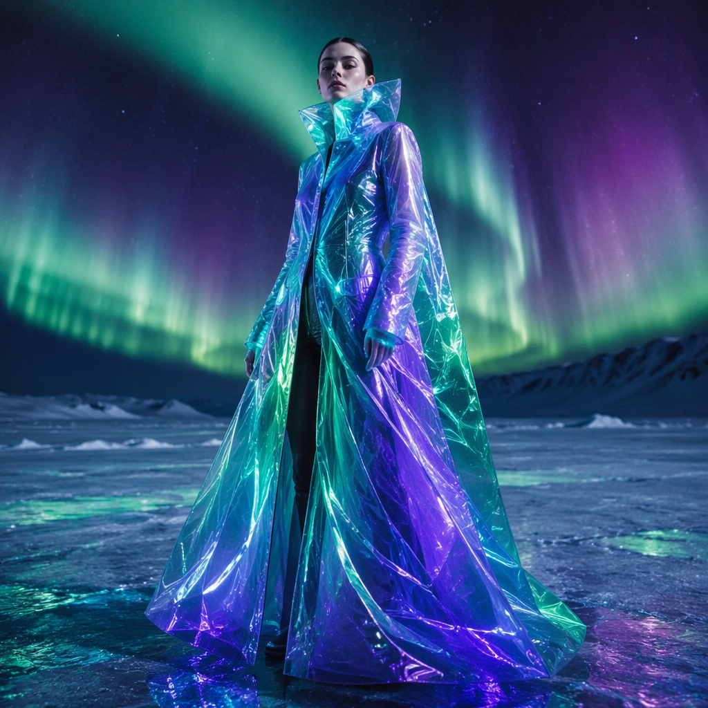 Arctic Aurora Coat — liquid crystal silk coat with aurora borealis ribbons