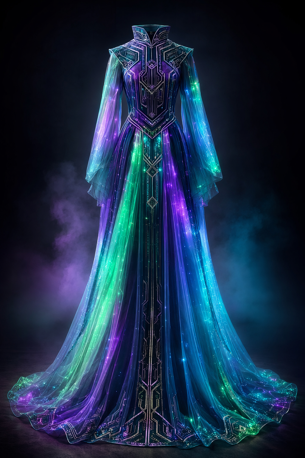 Aurora Circuit Dress — AI-generated Nordic cyberpunk fashion