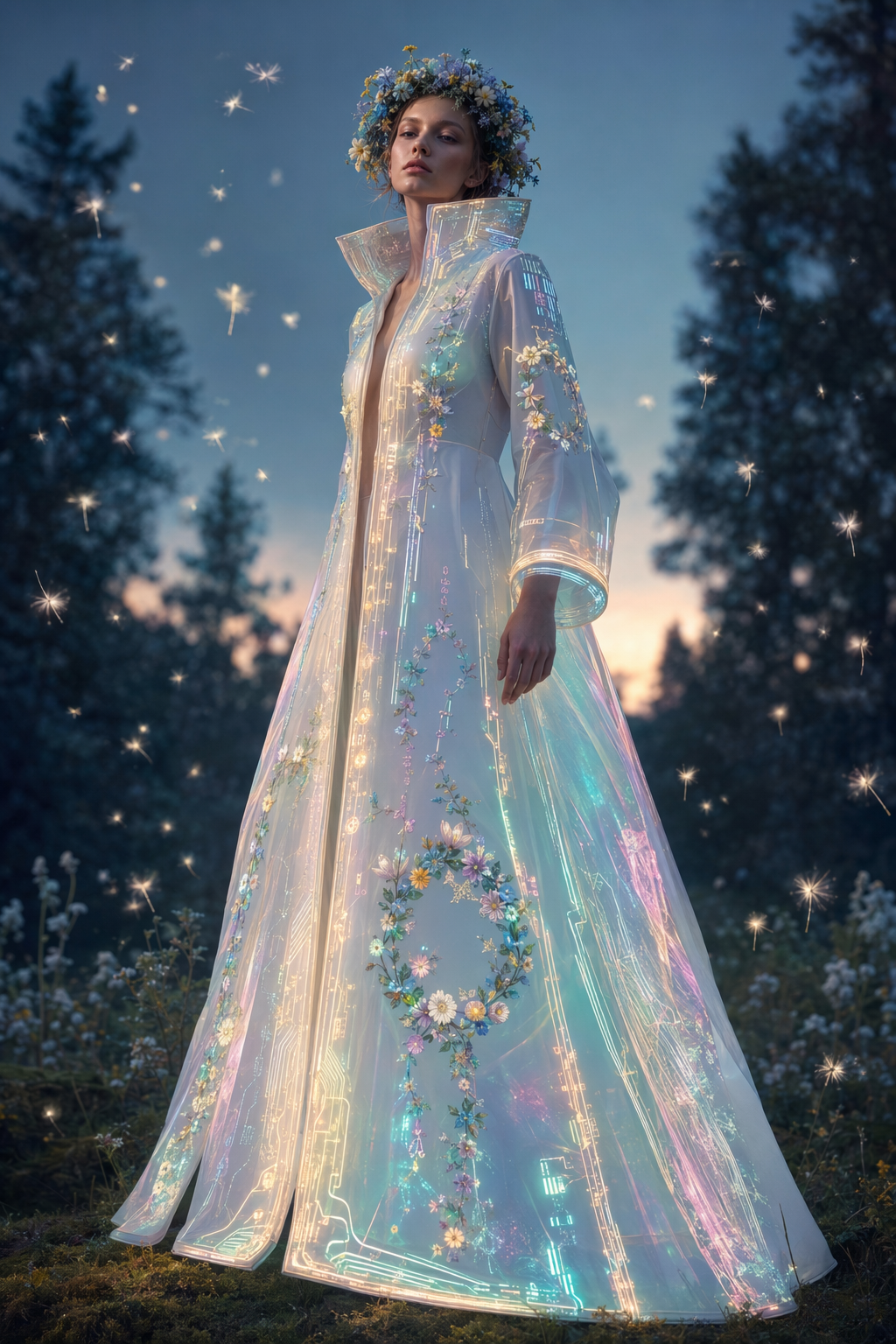 Midsummer Neon Coat — AI-generated Nordic cyberpunk fashion