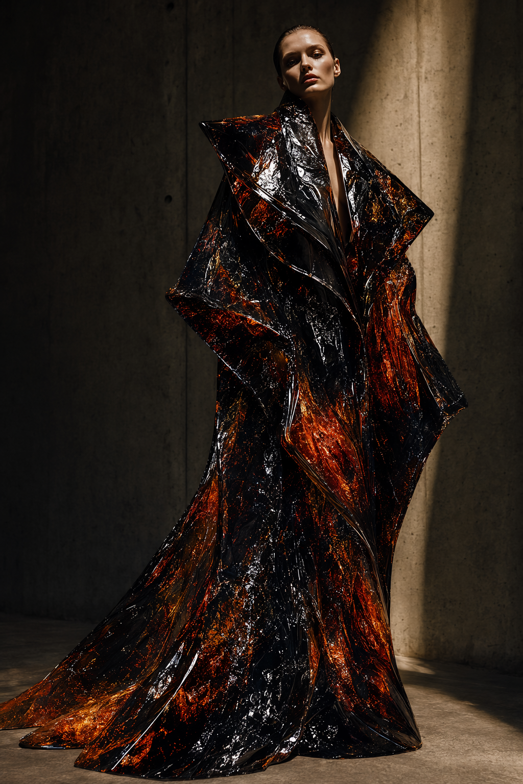 Molten Obsidian Coat — liquid obsidian coat with volcanic amber veins