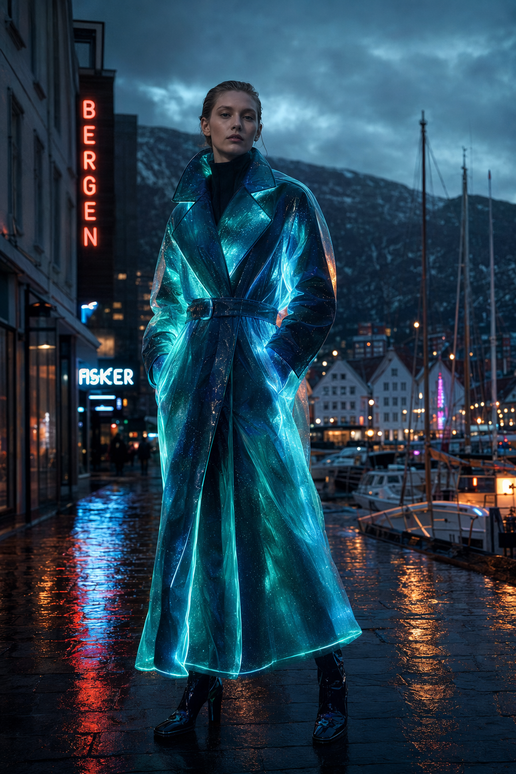 Neon Fjord Trench — translucent trench coat with bioluminescent cyan seams